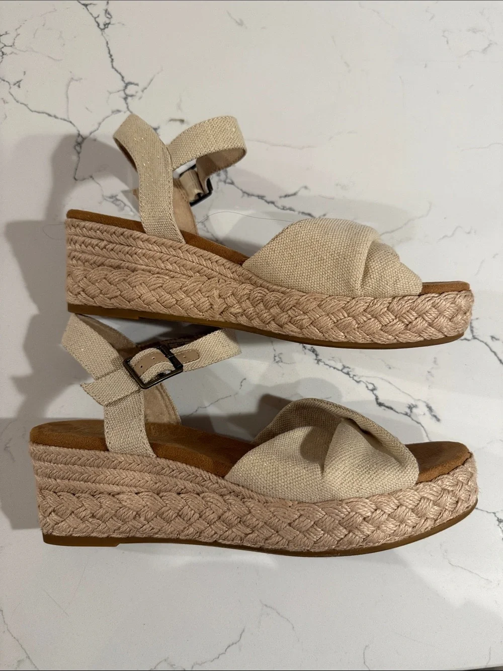 TOMS Natural Canvas Crossband Espadrille Wedge Sandals